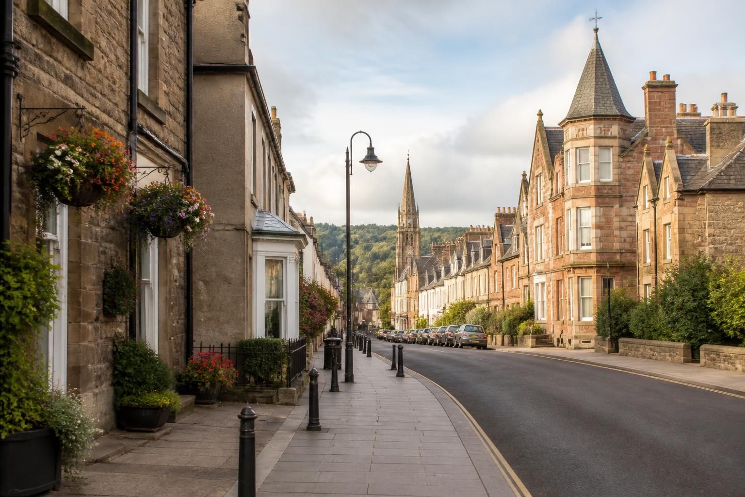Welcoming Crieff street with well-kept buildings.