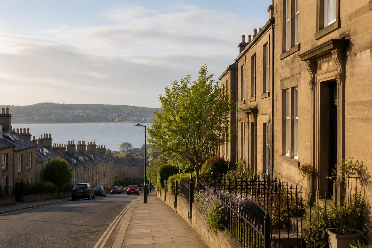 Clean Dundee streetscape with well-kept buildings.