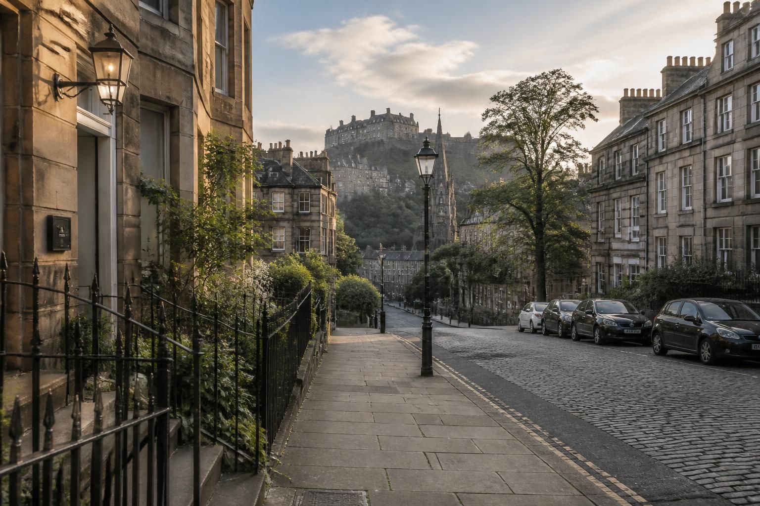 Elegant Edinburgh street with classic stone buildings.