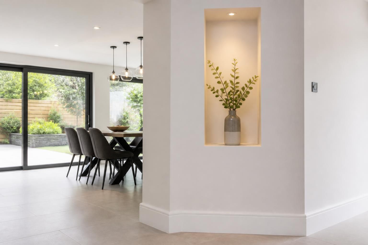 New home extension interior with smooth plastered walls.