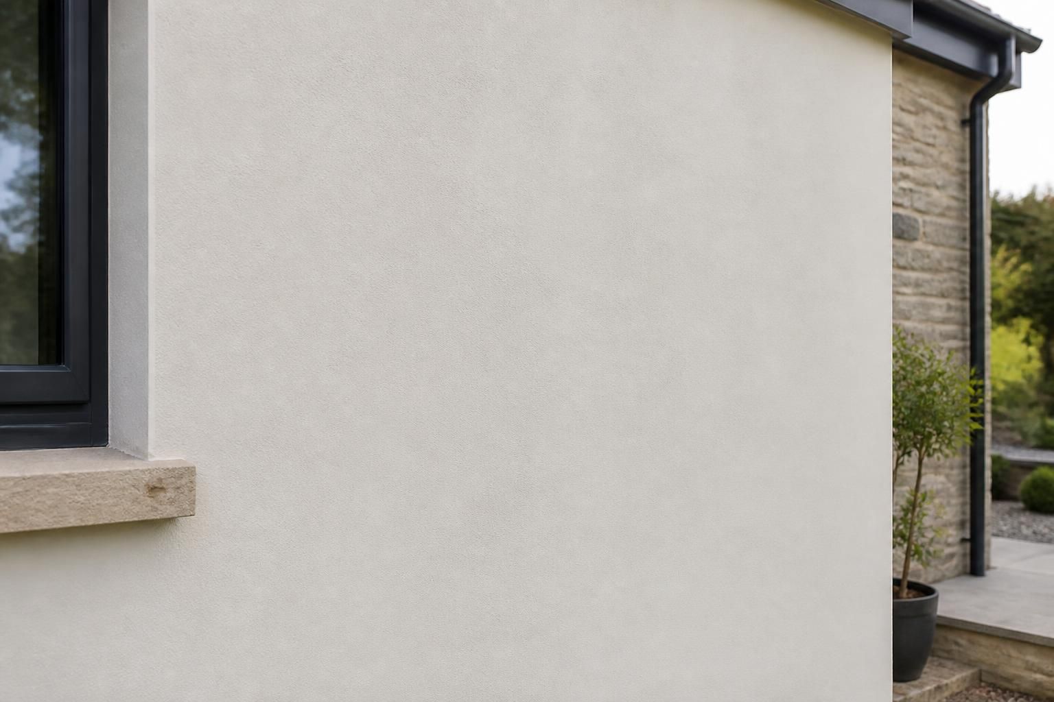 Finished external plaster surface on a home exterior.