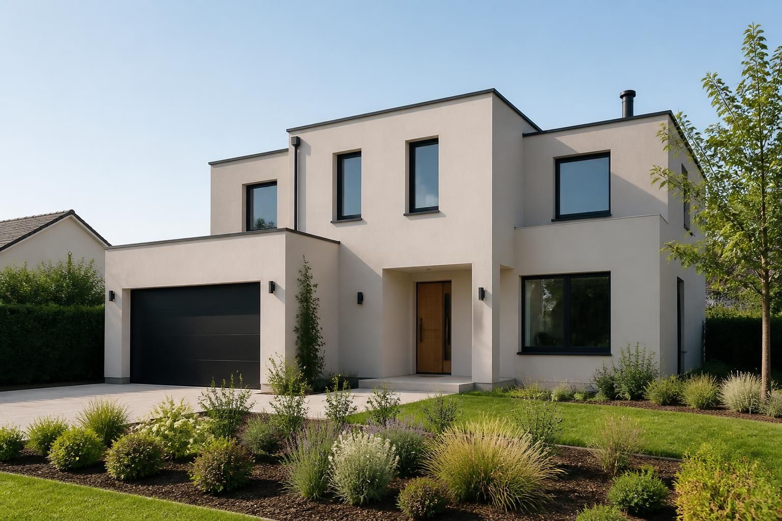 Finished home exterior with fresh plaster and clean rendering.