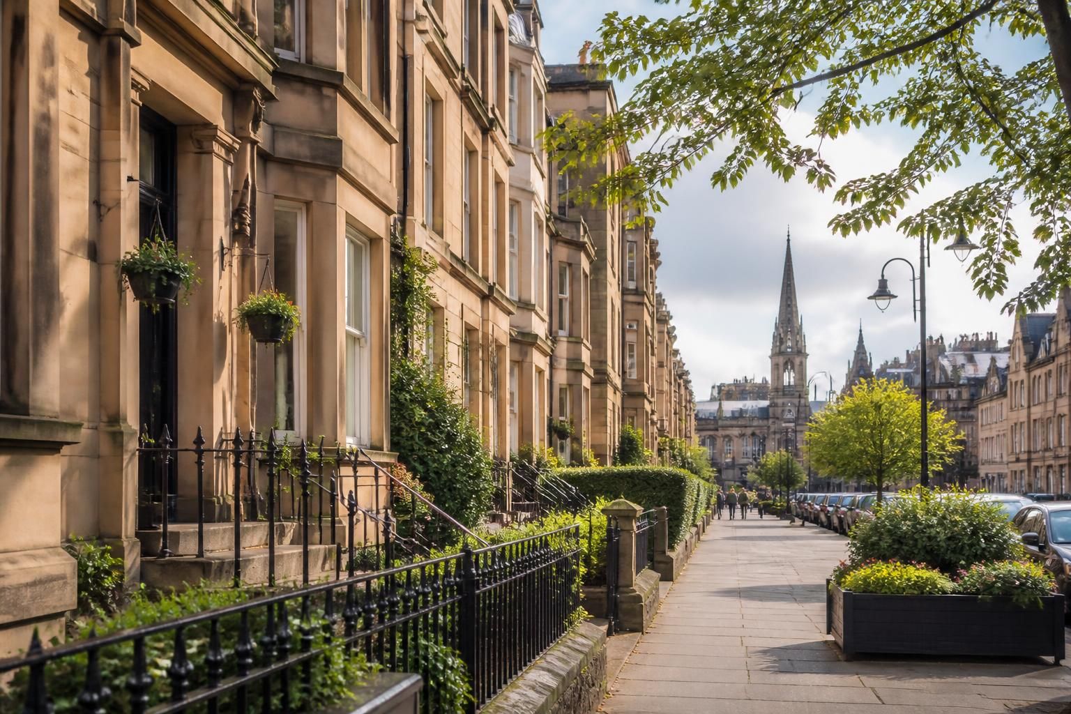 Welcoming Glasgow streetscape with tidy buildings.