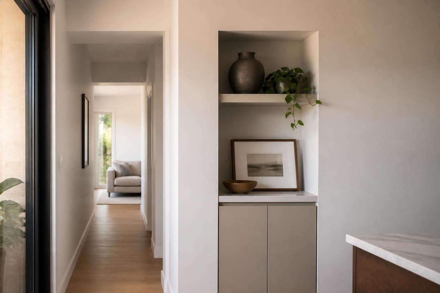 Renovated home interior with freshly finished plaster walls.