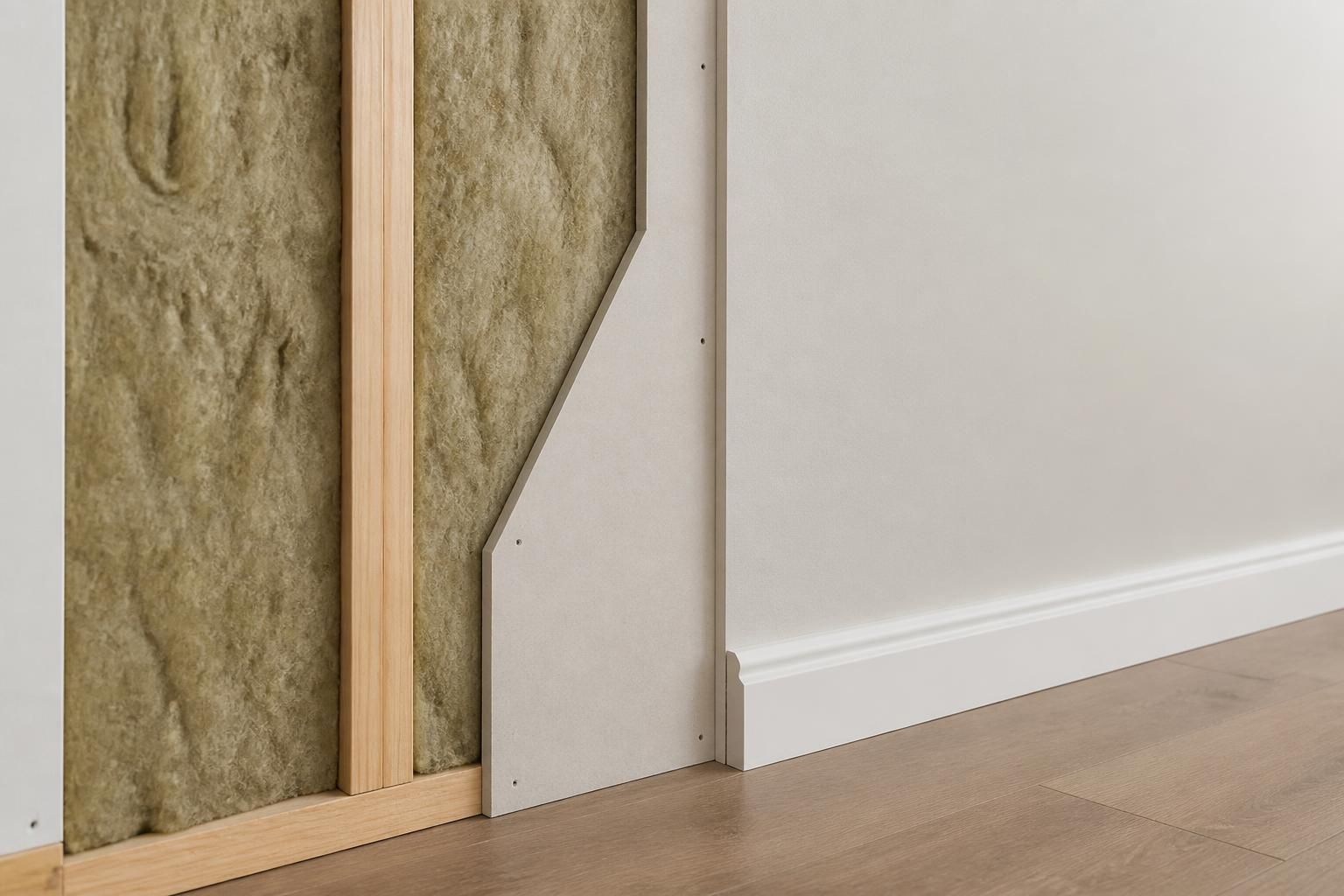 Insulated interior wall finished with smooth plasterboard.