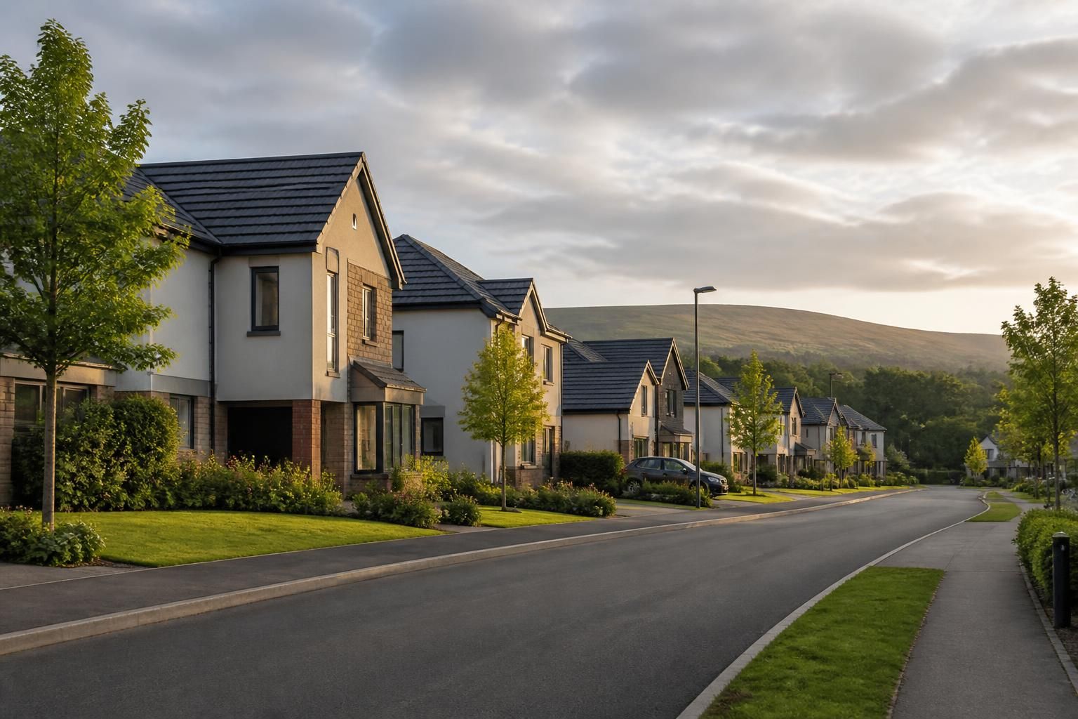 Modern Livingston neighborhood with tidy roads.