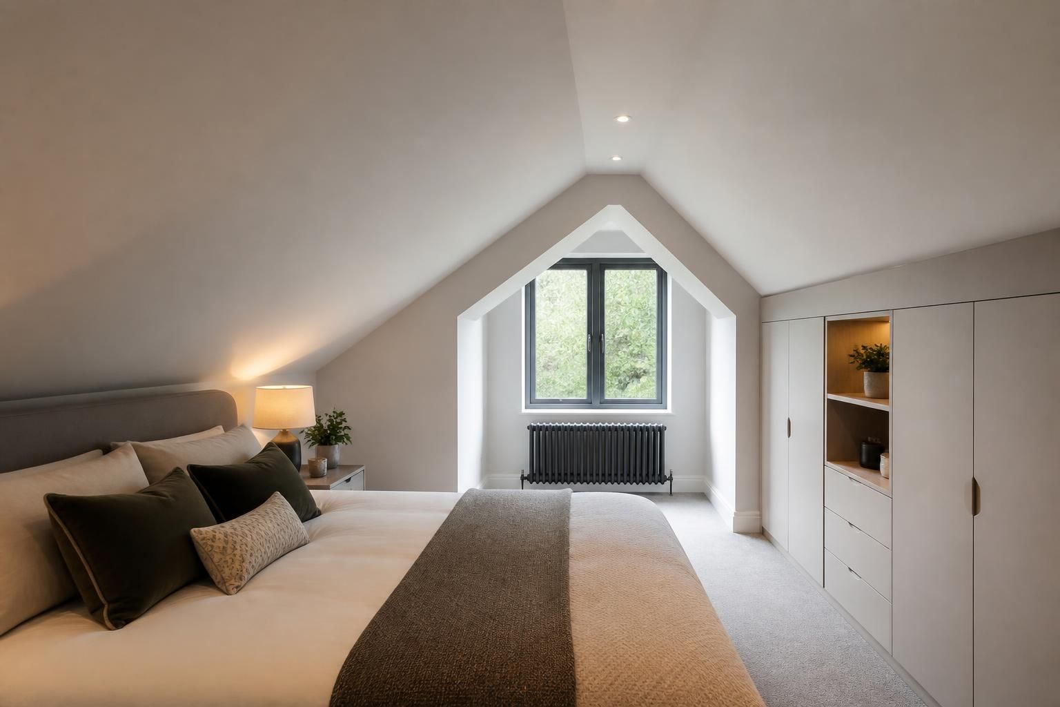 Finished loft conversion with smooth sloped plaster walls.