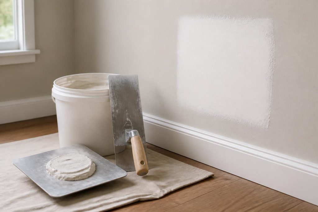 Neatly arranged materials beside a finished wall repair.