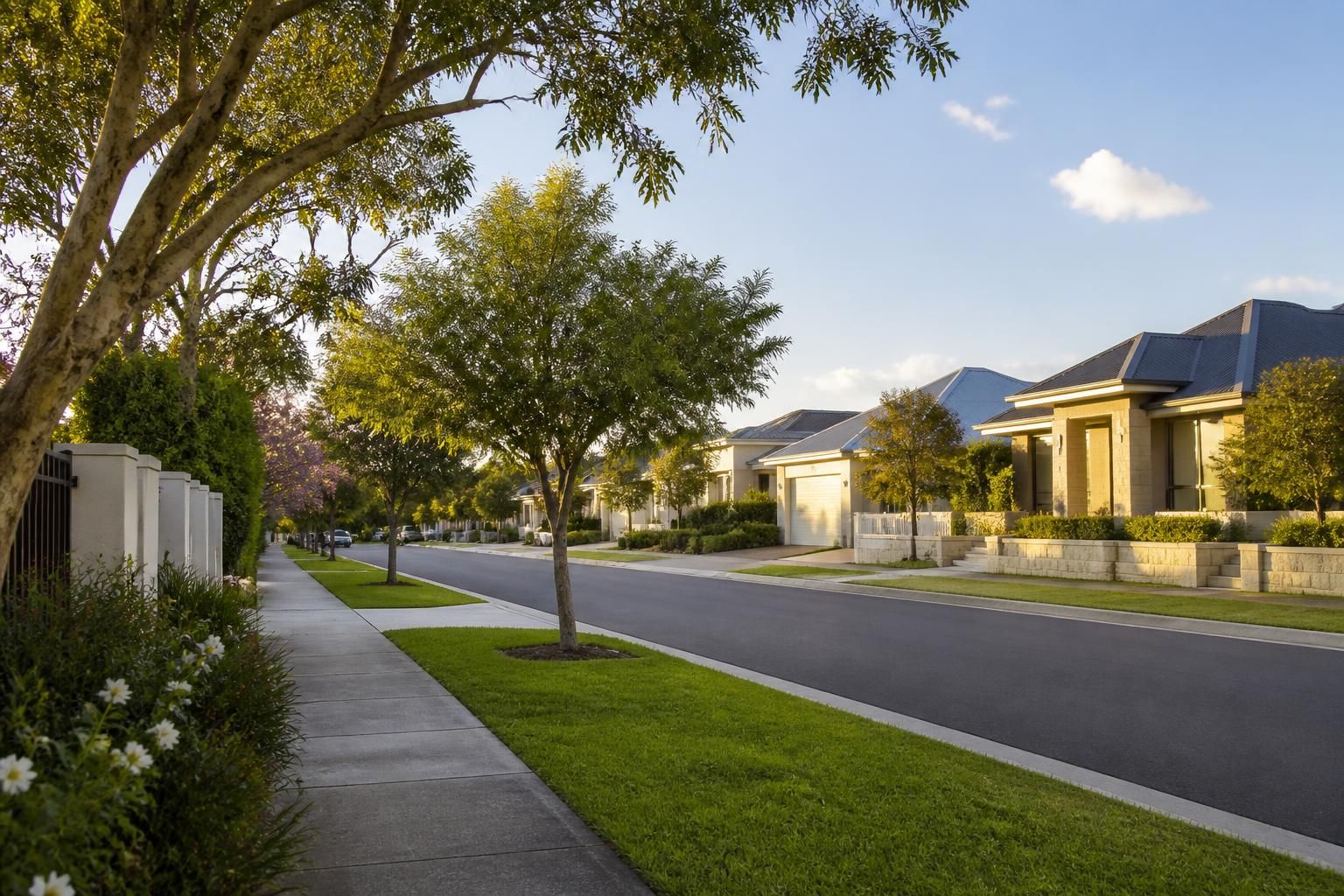 Well-kept Perth neighborhood street in soft natural light.